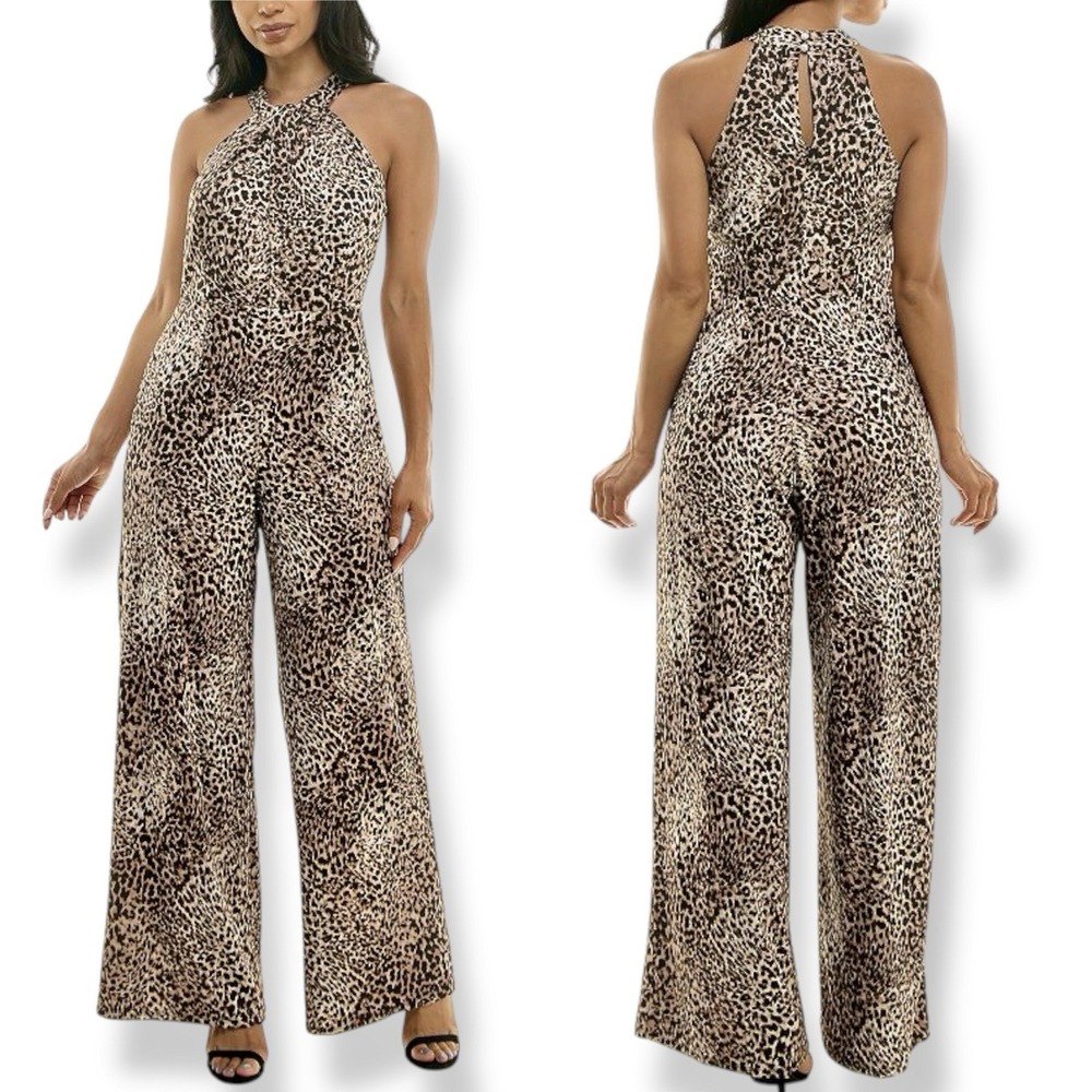 Nina Leonard Leopard Print Jumpsuit
